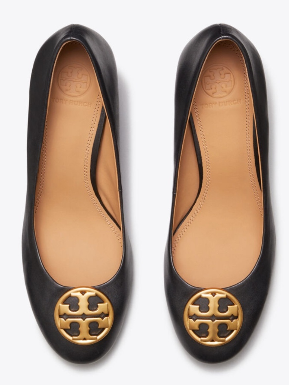 Tory Burch Black Leather pumps with Gold Logo Emblem